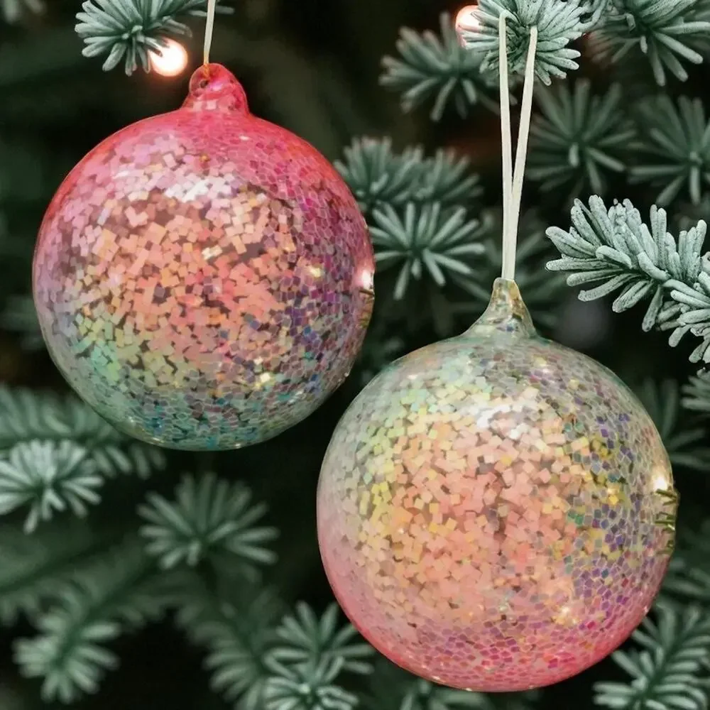 Glass Pink & Blue Reverse Glitter‎ Christmas Tree Ornament Large 3.5 in New